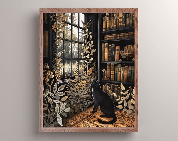 Black Cat Botanical Library Plants Window Dark Academia Cat Painting Poster