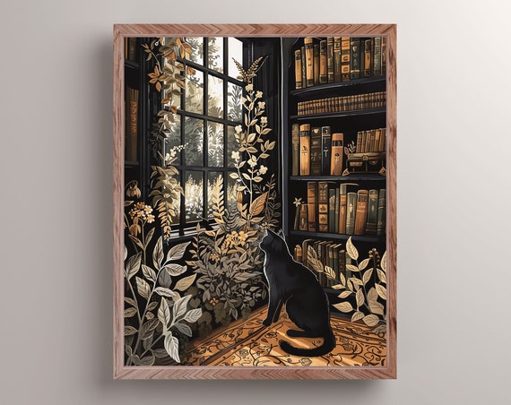 Black Cat In Botanical Library Art Print Dark Academia Cat Wall Decor Bookish Cat Poster Reading Books Plants Wall Art Cat Mom Gift