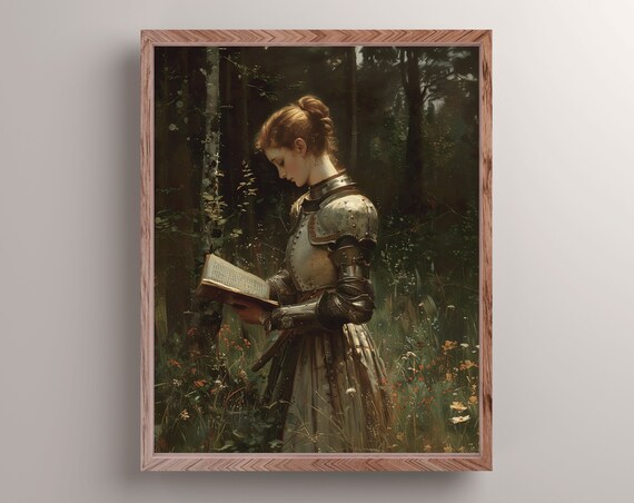 Lady Knight Reading In The Forest Art Print Dark Academia Wall Decor Medieval Fantasy Wall Art Woman Knight Painting Bookish Knight Gift
