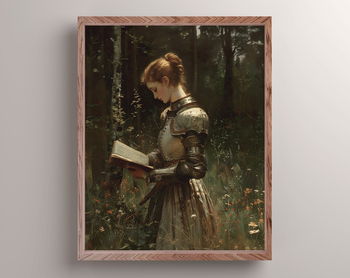 Lady Knight Reading A Book In A Sunlit Forest Meadow Wall Art