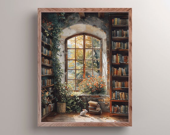 Cottage Library Mouse Art Print Book Nook Wall Decor Cottagecore Academia Wall Art Books And Plants Poster Bookish Fantasy Reader Gift
