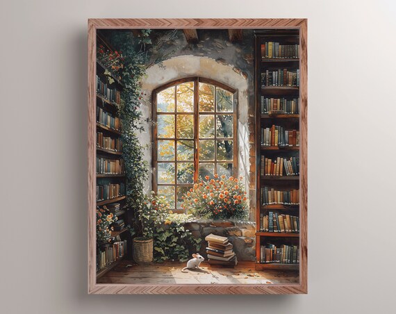White Mouse Cottage Library Arched Window Stone Wall Bookish Painting Poster