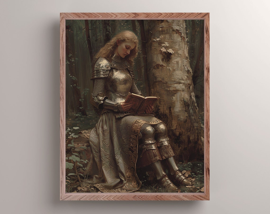 Lady Knight Reading By A Birch Tree In A Quiet Forest Poster