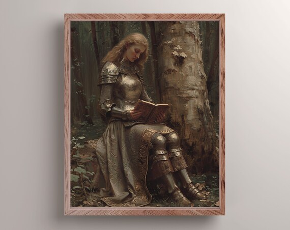 Lady Knight In The Forest Art Print Dark Academia Wall Decor Medieval Fantasy Wall Art Woman Knight Painting Bookish Knight Art Gift