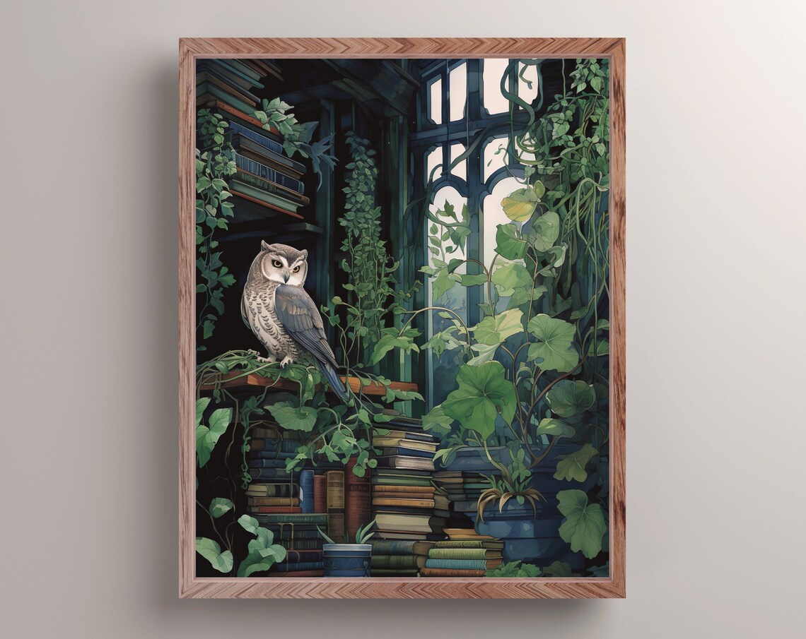 Owl Green Library Overgrown Books Vines Gothic Conservatory Painting Poster