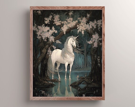 White Unicorn Moonlit Forest Pond Blossom Trees Fantasy Painting Poster