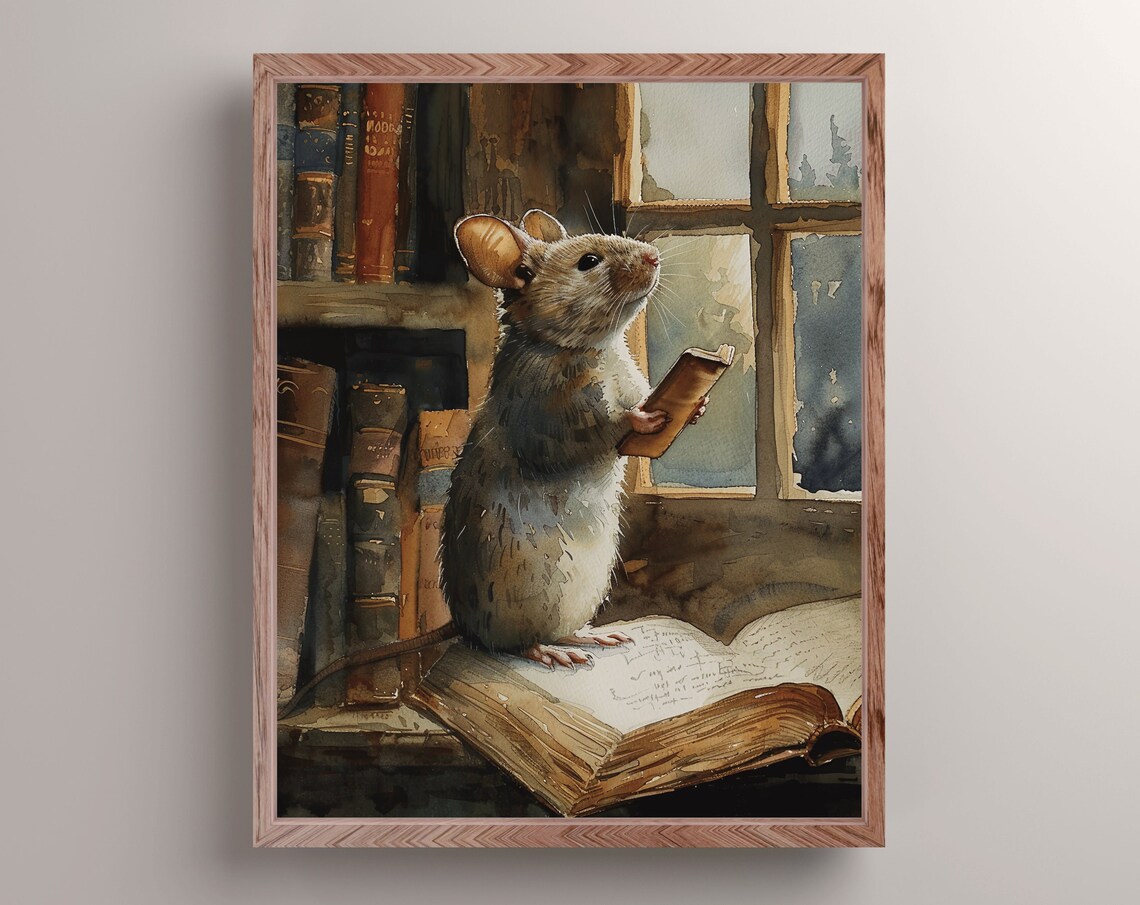 Cute Mouse Reading Book Library Window Watercolor Animal Painting Poster