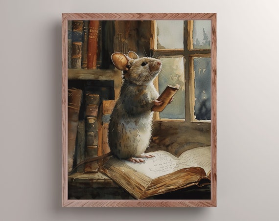 Whimsy Cottage Library Mouse Art Print Book Nook Wall Decor Cottagecore Academia Wall Art Reading Mouse Painting Fantasy Reader Gift