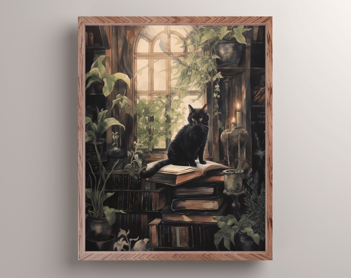 Black Cat Open Book Plant Filled Library Window Candle Cat Painting Poster