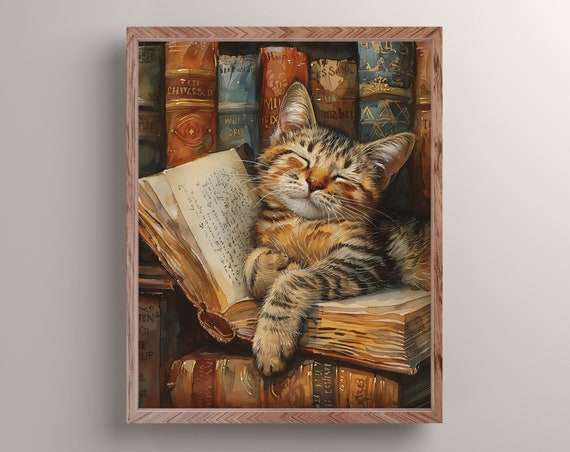 Sleepy Library Cat Art Print Academia Cat Wall Decor Bookish Cat Poster Magical Reading Wall Art Book Nook Decor Tabby Cat Mom Gift