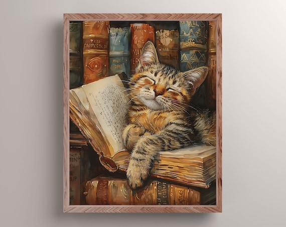 Sleepy Tabby Cat Napping On Books Library Watercolor Animal Painting Poster