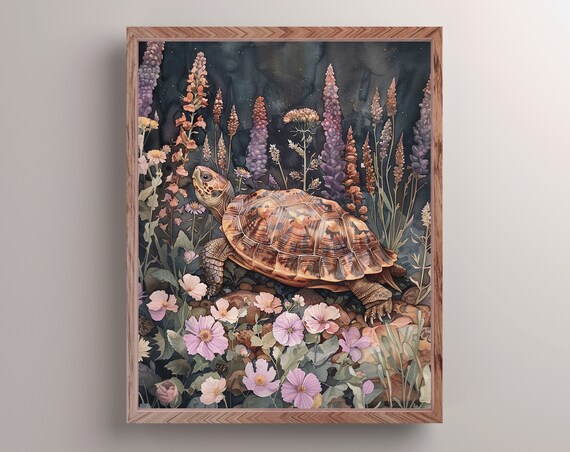 Turtle In Flower Meadow Art Print Botanical Tortoise Wall Decor Goblincore Wall Art Watercolor Turtle Painting Turtle Lover Art Gift