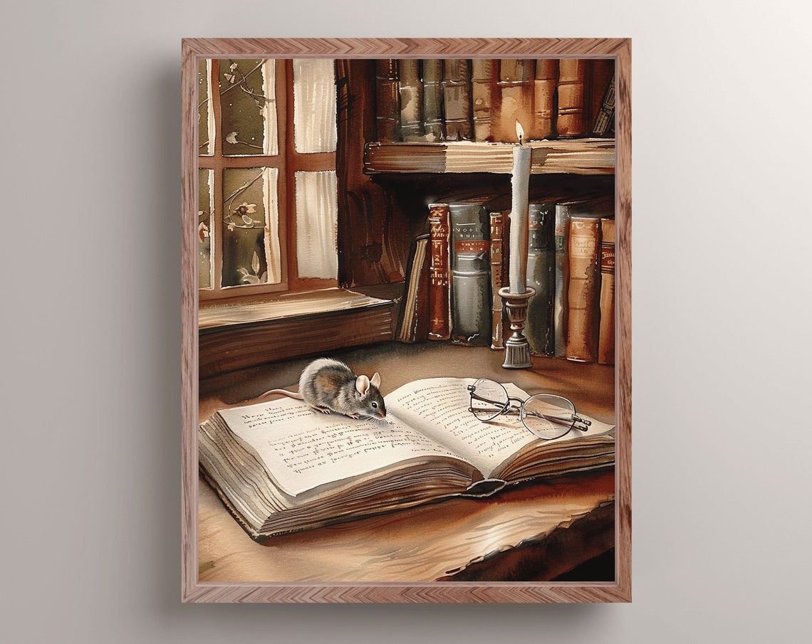 Cozy Mouse Reading An Open Book By Candlelight Book Nook Print