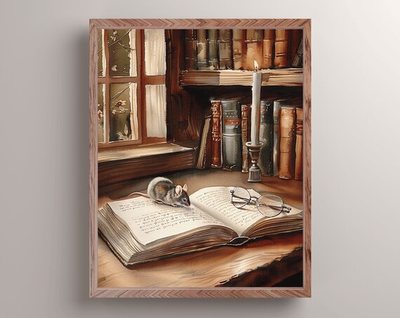 Cozy Mouse Reading An Open Book By Candlelight Book Nook Print