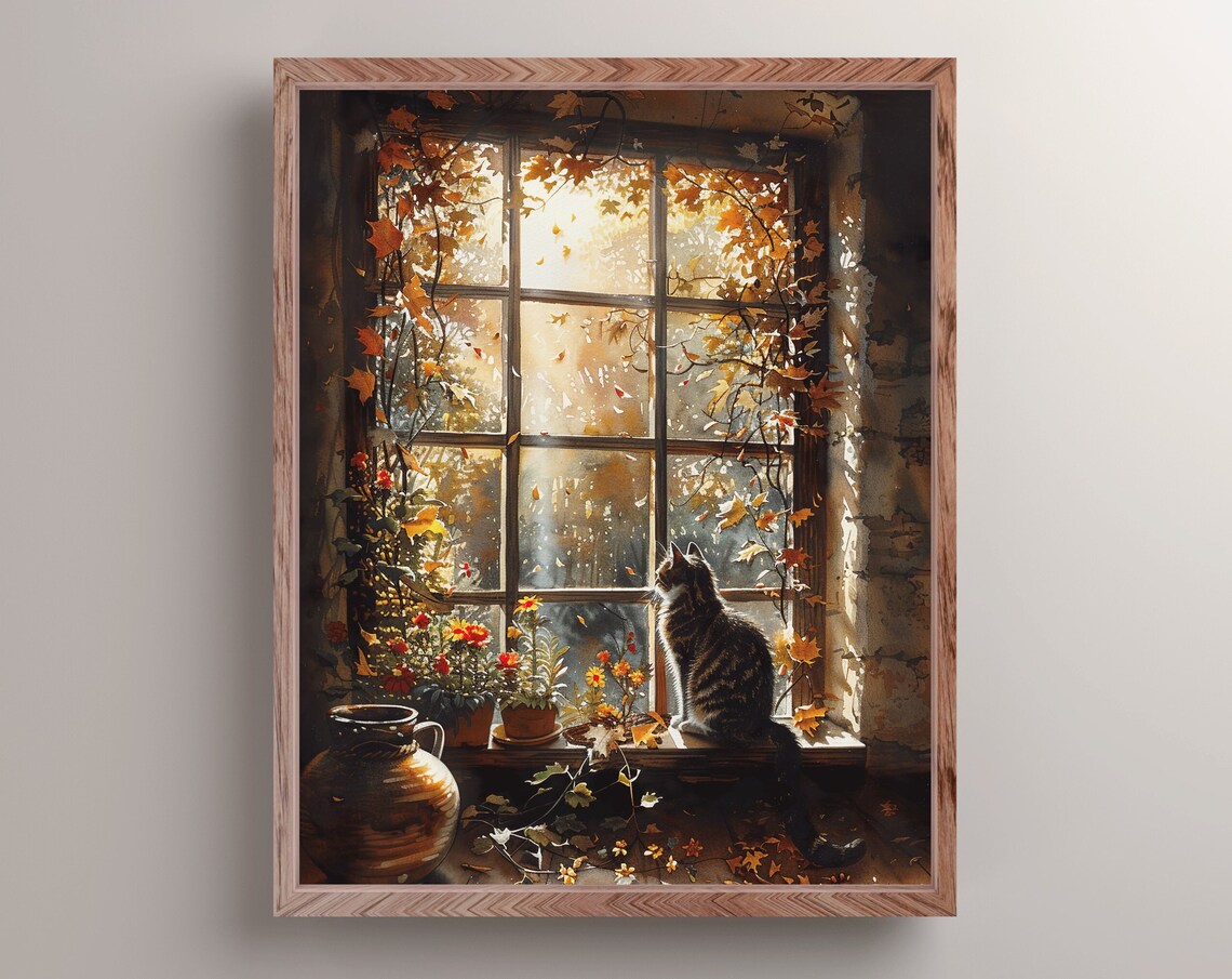 Tabby Cat Windowsill Autumn Window Sunlit Leaves Cozy Animal Painting Print