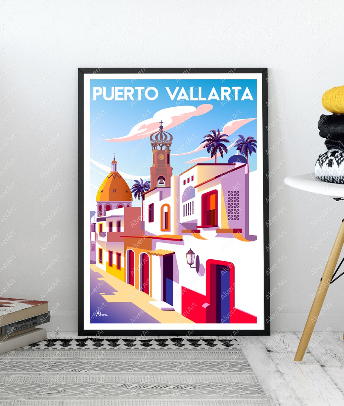 Puerto Vallarta Colorful Colonial Street Church Tower Poster - Image 3
