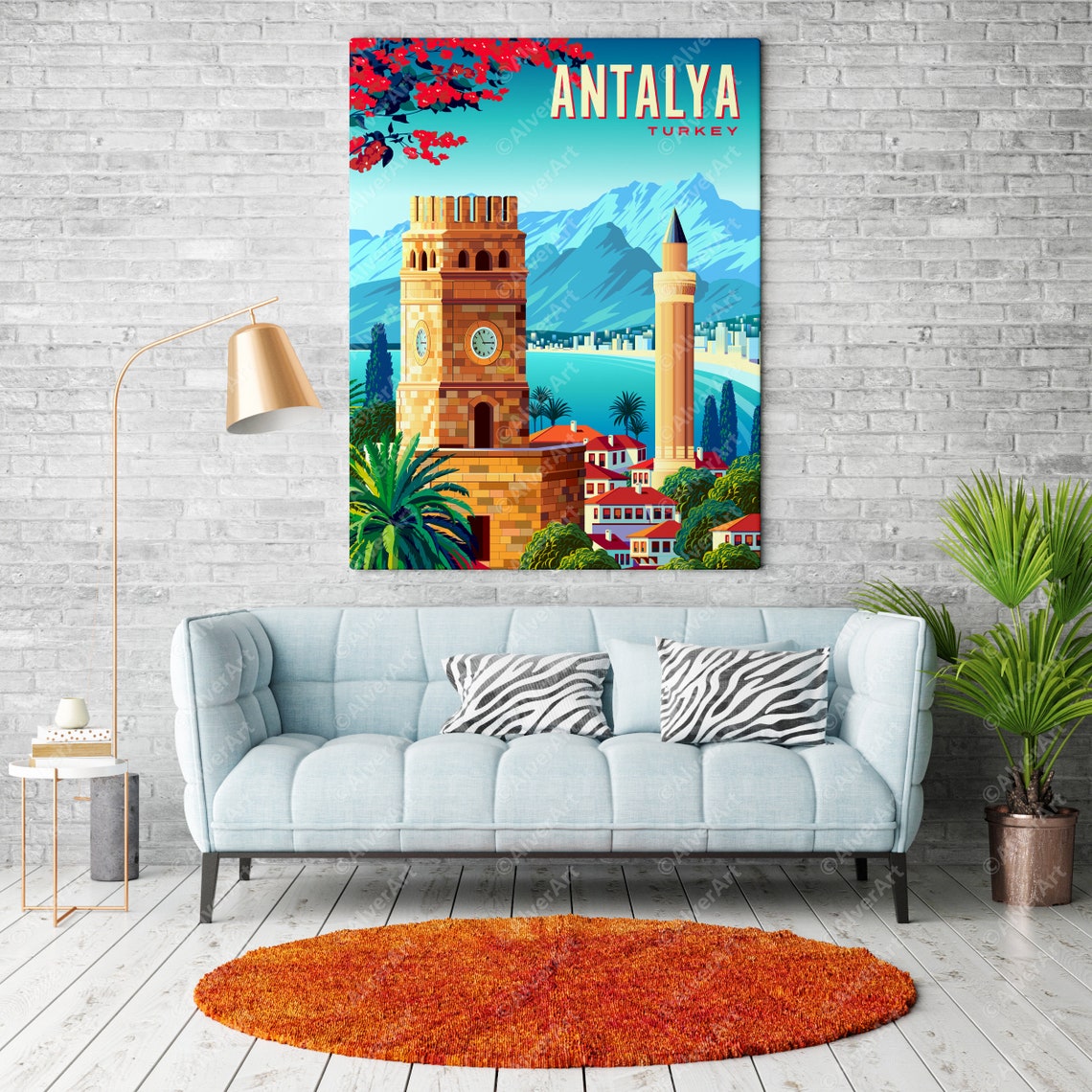 Antalya Turkey Clock Tower Minaret Coastal Mountain Travel Poster - Image 2