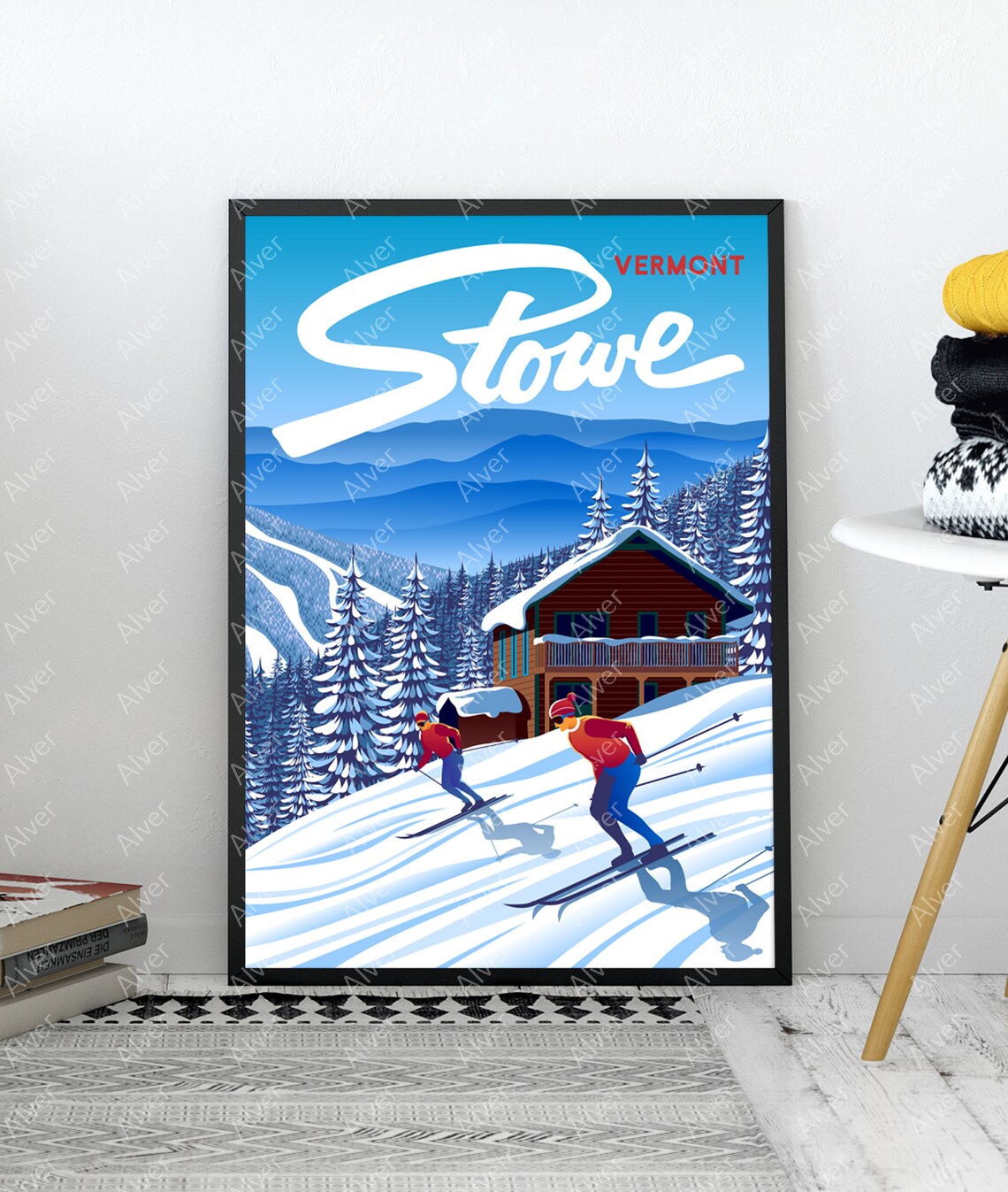 Stowe Vermont Ski Racing Poster With Two Skiers and Mountain Lodge - Image 3
