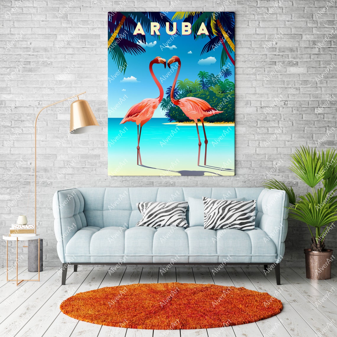Aruba Flamingos On Turquoise Beach Tropical Island Travel Poster - Image 2