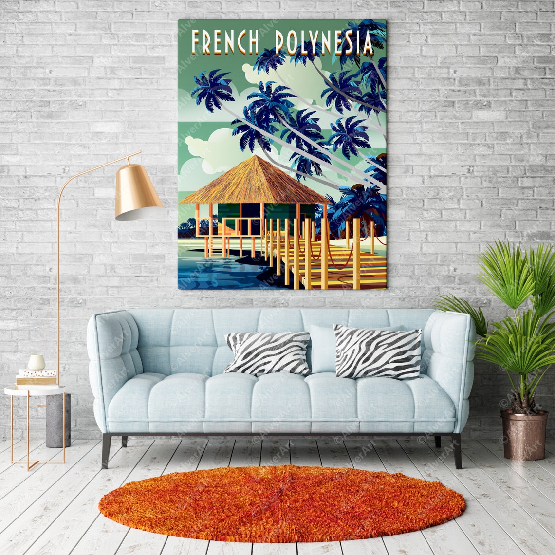 French Polynesia Overwater Bungalow Wooden Jetty Palm Trees Poster - Image 2