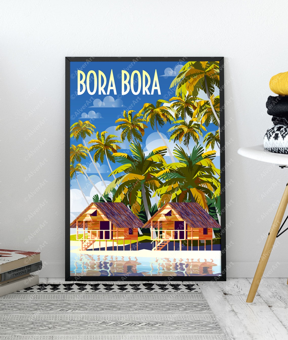 Bora Bora Overwater Bungalows Palm Trees Tropical Lagoon Poster - Image 3