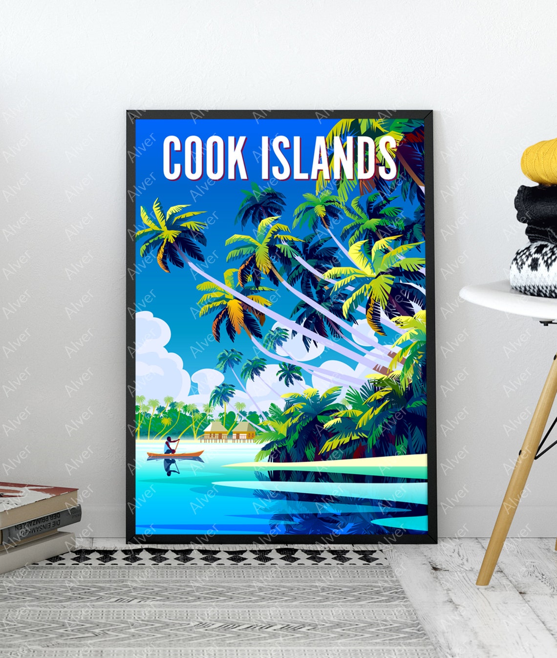 Cook Islands Tropical Lagoon Canoe Palm Trees Beach Scene Poster - Image 3