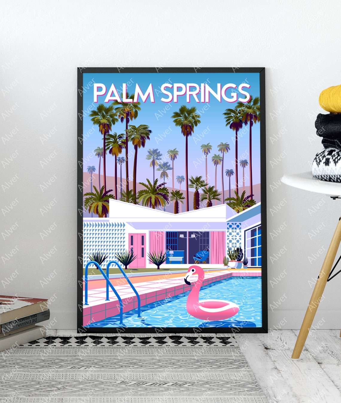 Palm Springs Mid Century Modern Poster With Pool and Flamingo Float - Image 3