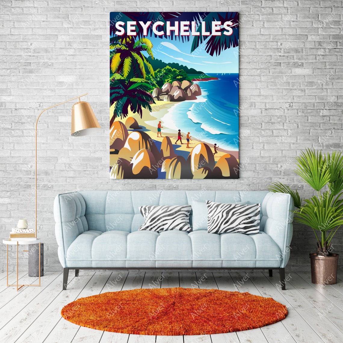 Seychelles Tropical Beach Granite Boulders Palm Trees Poster - Image 2