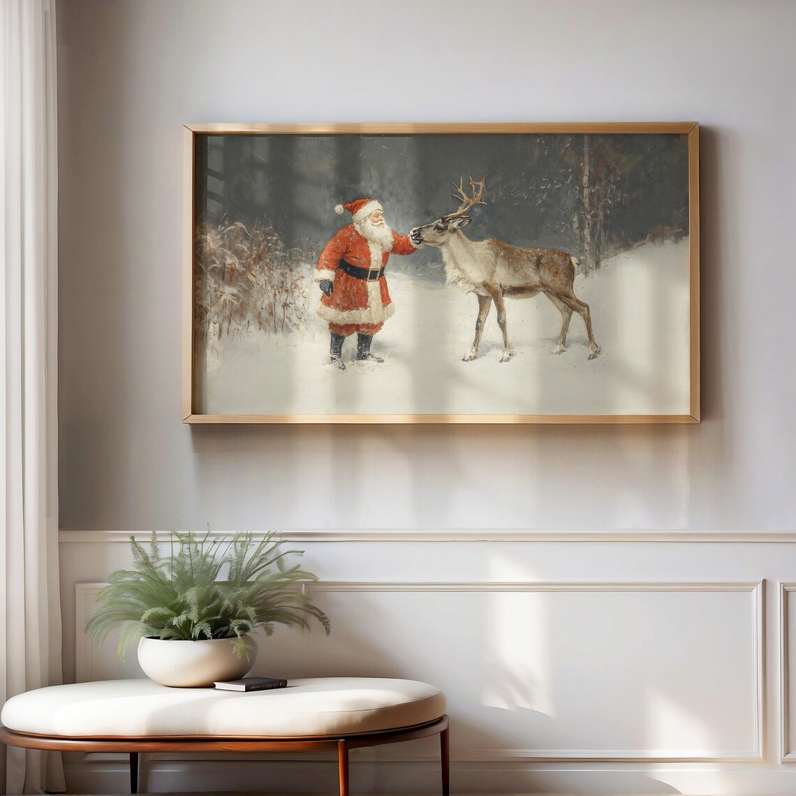 Santa Claus With Reindeer Vintage Christmas Painting Snow Poster - Image 2