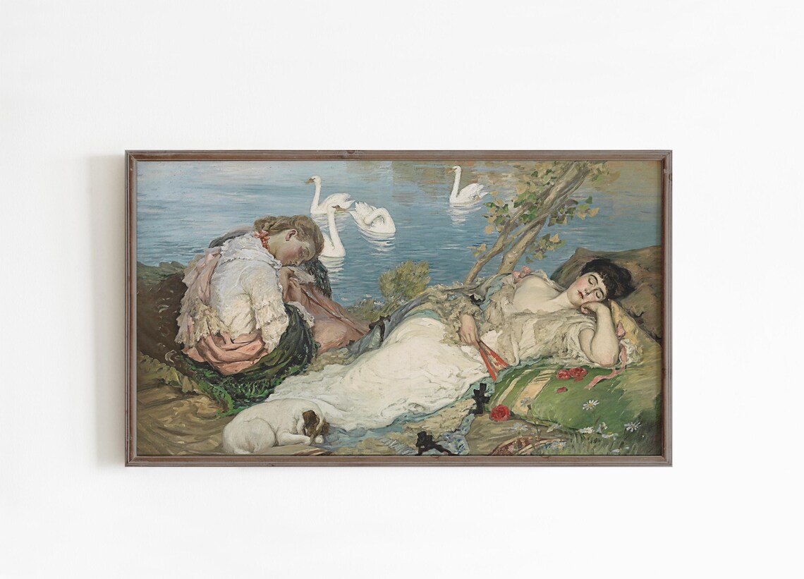 Women Resting By Swan Lake Vintage Romantic Swan Painting Poster - Image 4