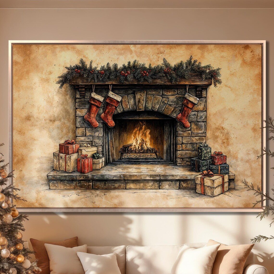 Cozy Christmas Stone Fireplace With Stockings And Gifts Art Poster