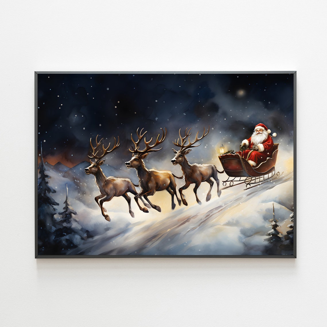 Santa Sleigh Pulled By Three Reindeer Under Starry Sky Poster