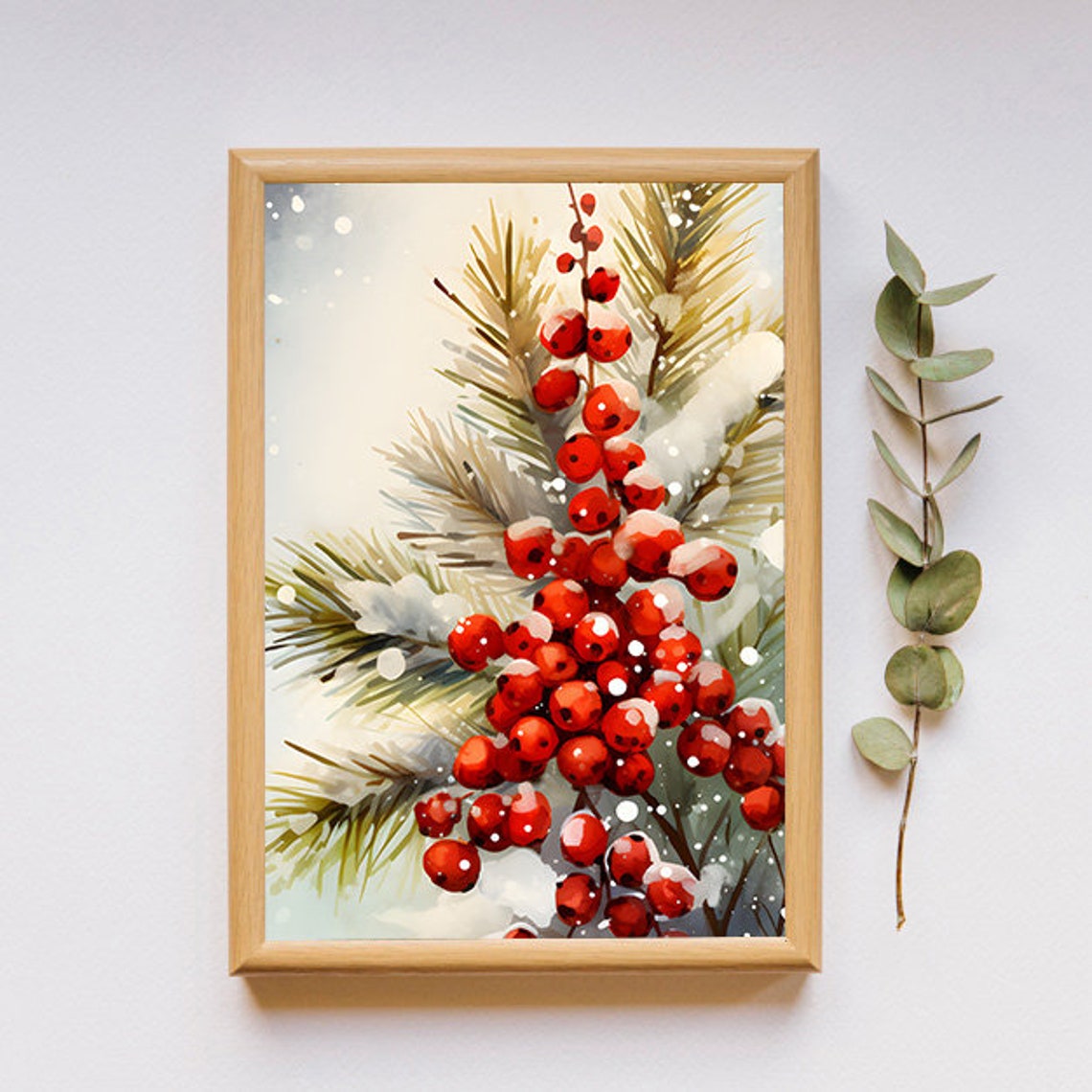 Red Winter Berries With Snowy Pine Branches Watercolor Poster - Image 2