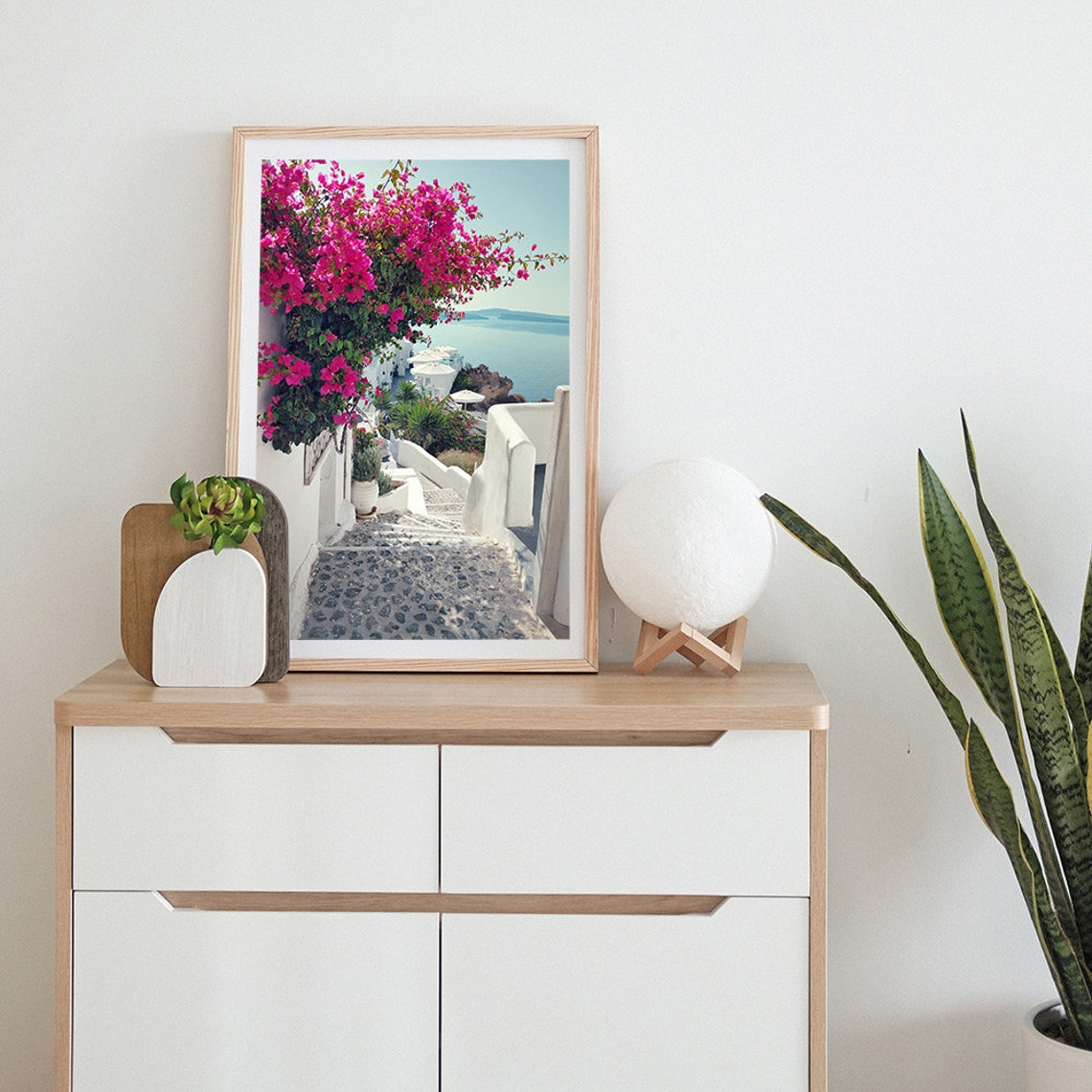 Santorini Alley Bougainvillea Whitewashed Steps Sea View Poster - Image 2