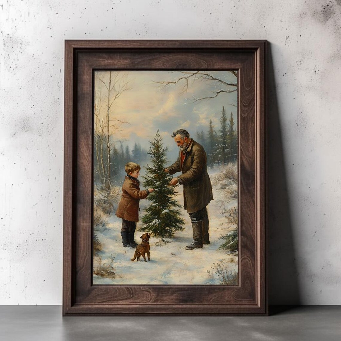 Father And Son Christmas Tree Snowy Forest Vintage Holiday Art Poster - Image 2