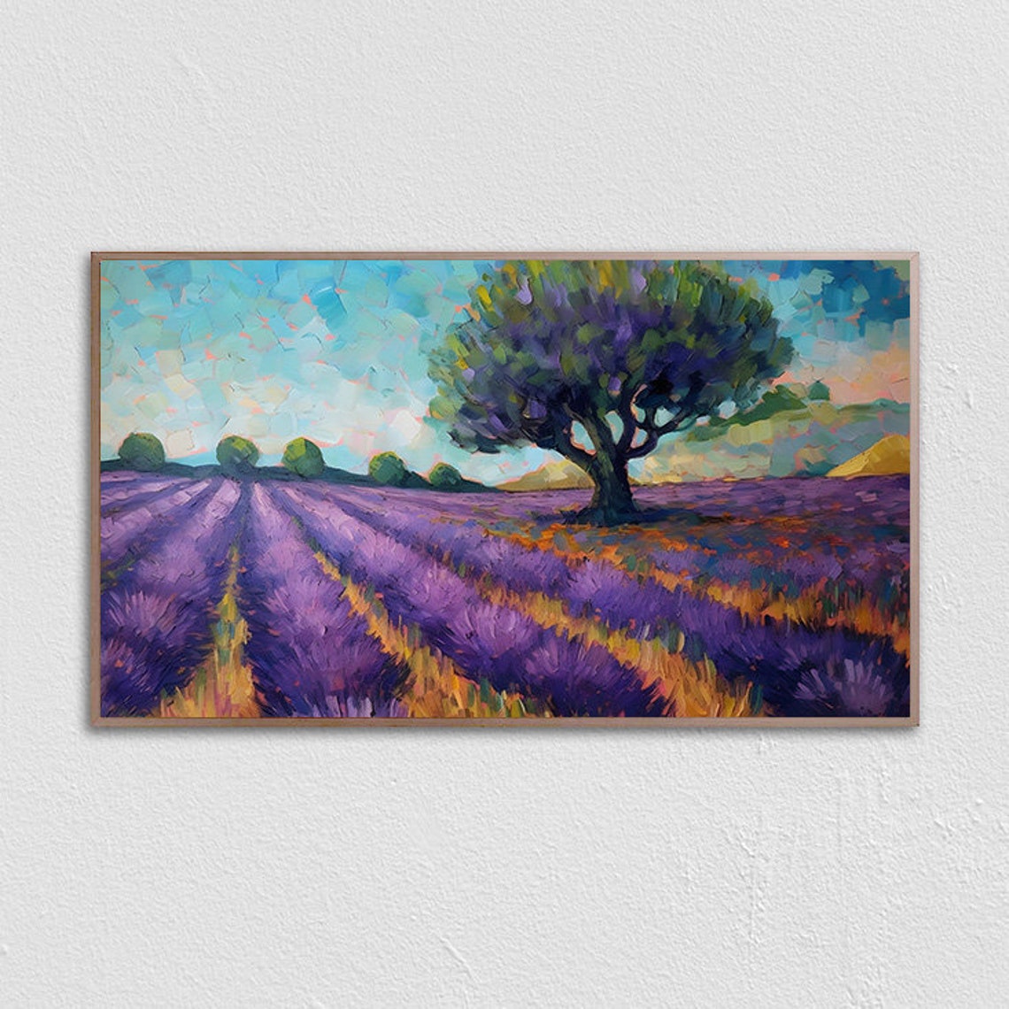 Lavender Field Impasto Oil Painting with Big Tree and Blue Sky Poster