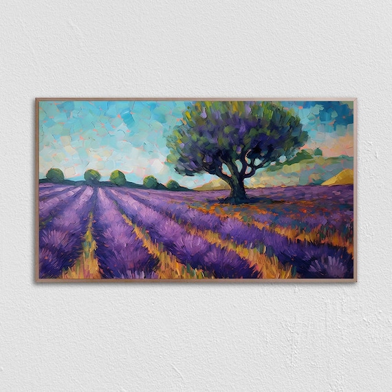 Lavender Field Impasto Oil Painting with Big Tree and Blue Sky Poster
