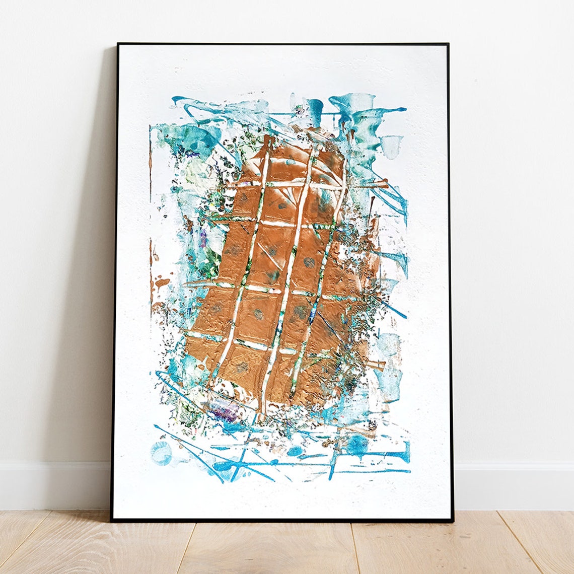 Rust Copper Abstract With Turquoise Splash Modern Art Poster