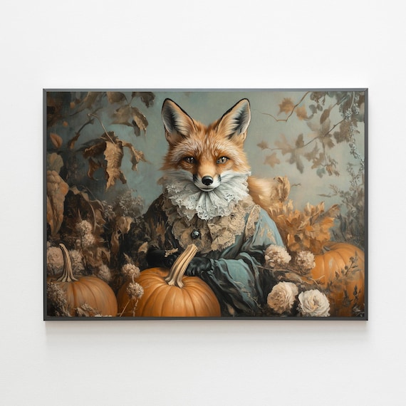 Victorian Fox In Lace Ruff Dress Pumpkins Autumn Whimsical Art Poster