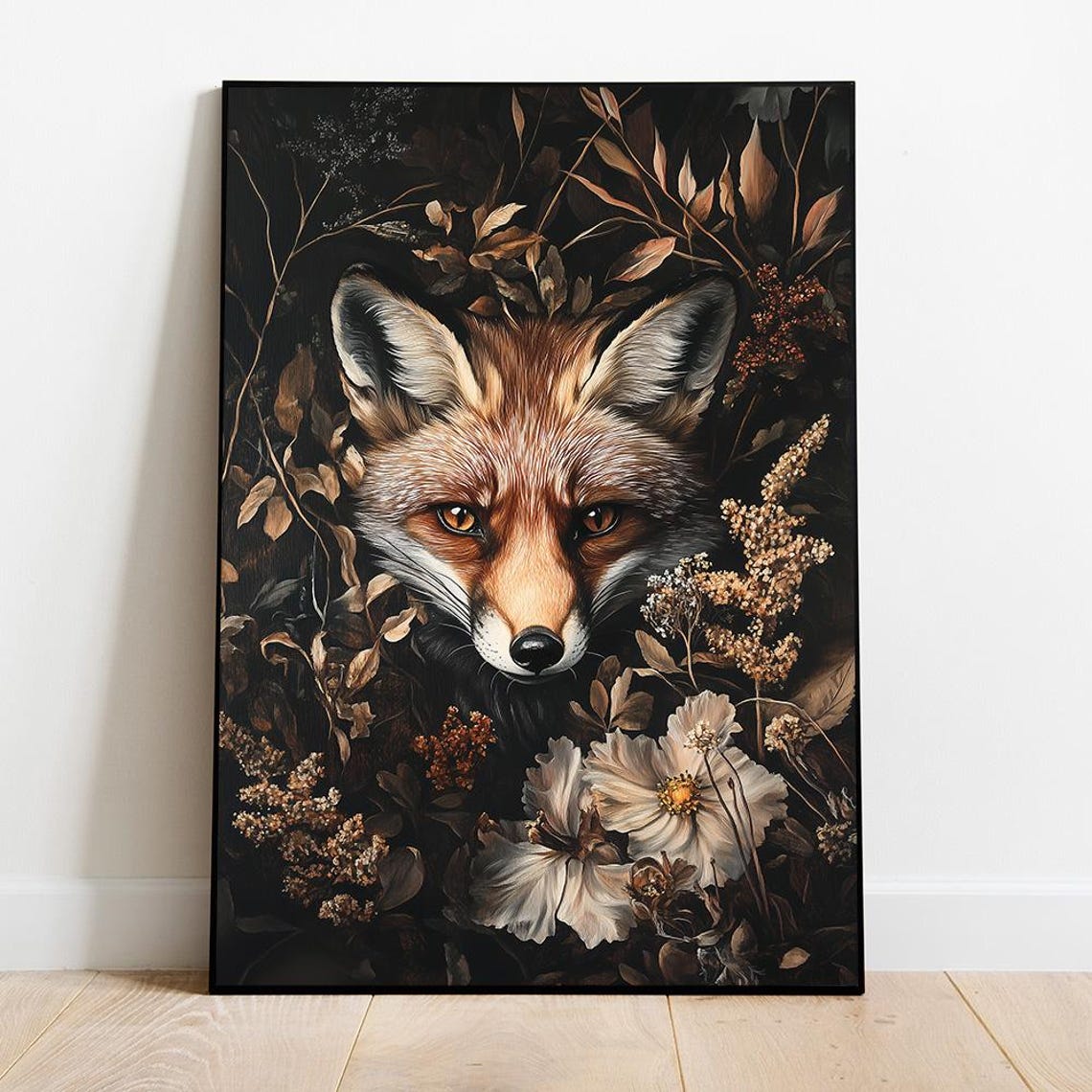 Red Fox Dark Botanical Golden Foliage Wildflower Forest Art Poster