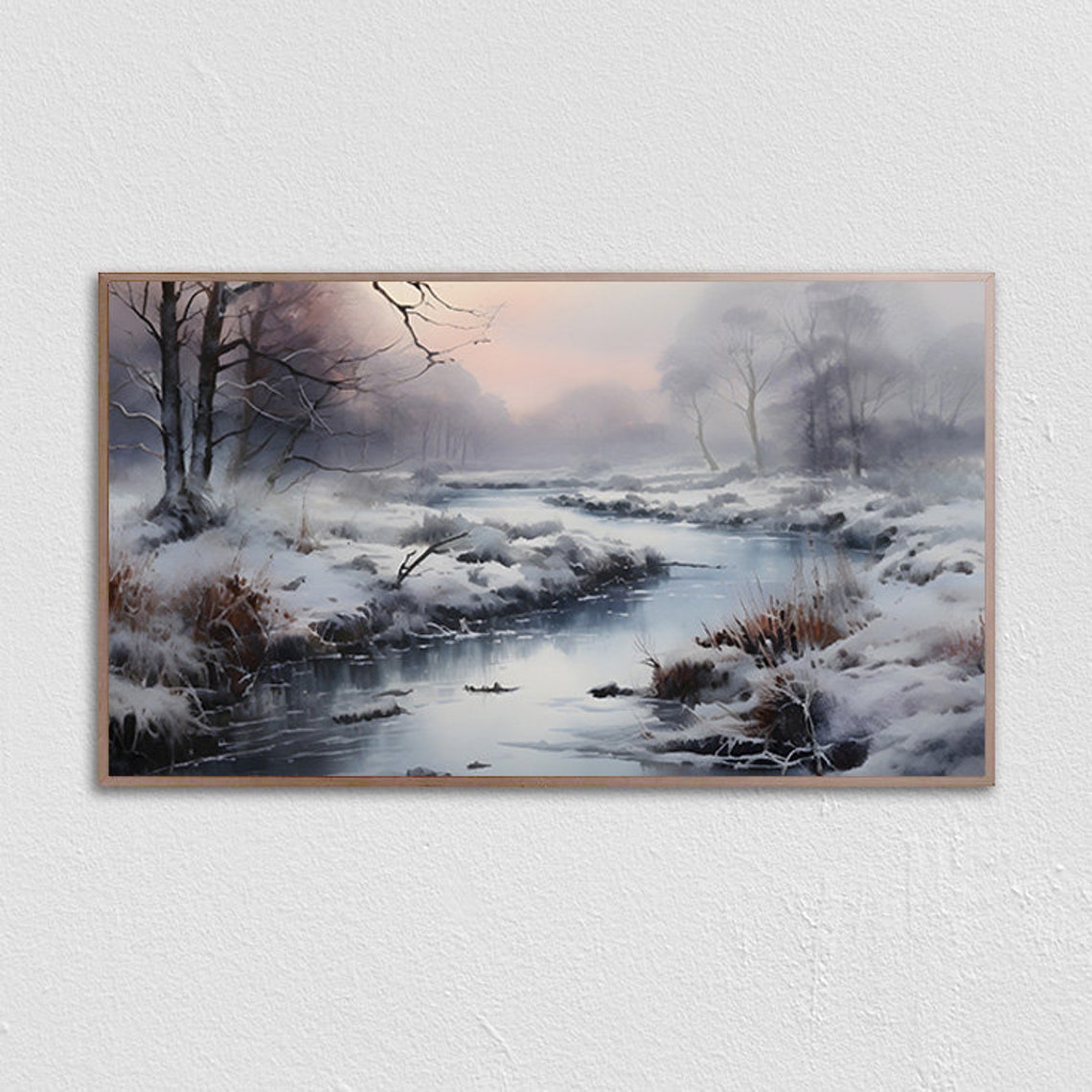 Misty Winter River Flowing Under A Blush Pink Sky Landscape Poster