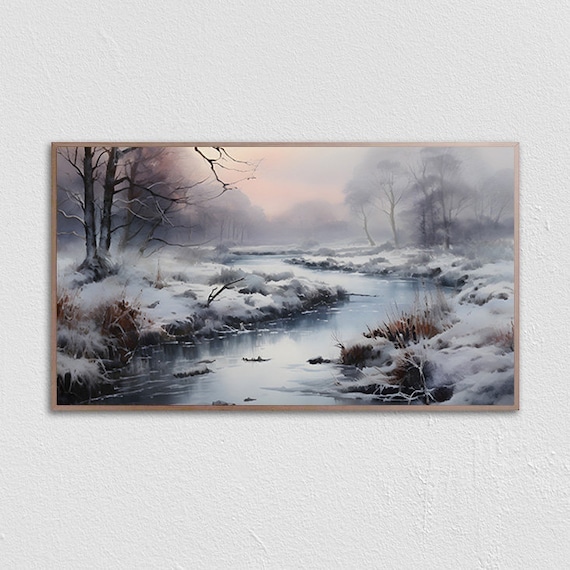 Misty Winter River Flowing Under A Blush Pink Sky Landscape Poster