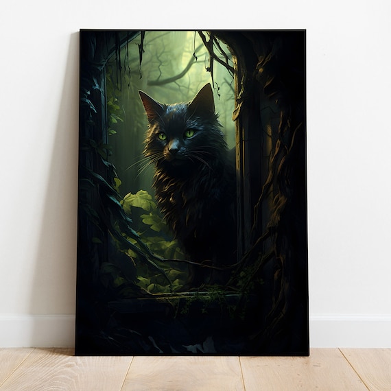Witchy Black Cat Green Eyes Dark Overgrown Doorway Halloween Print