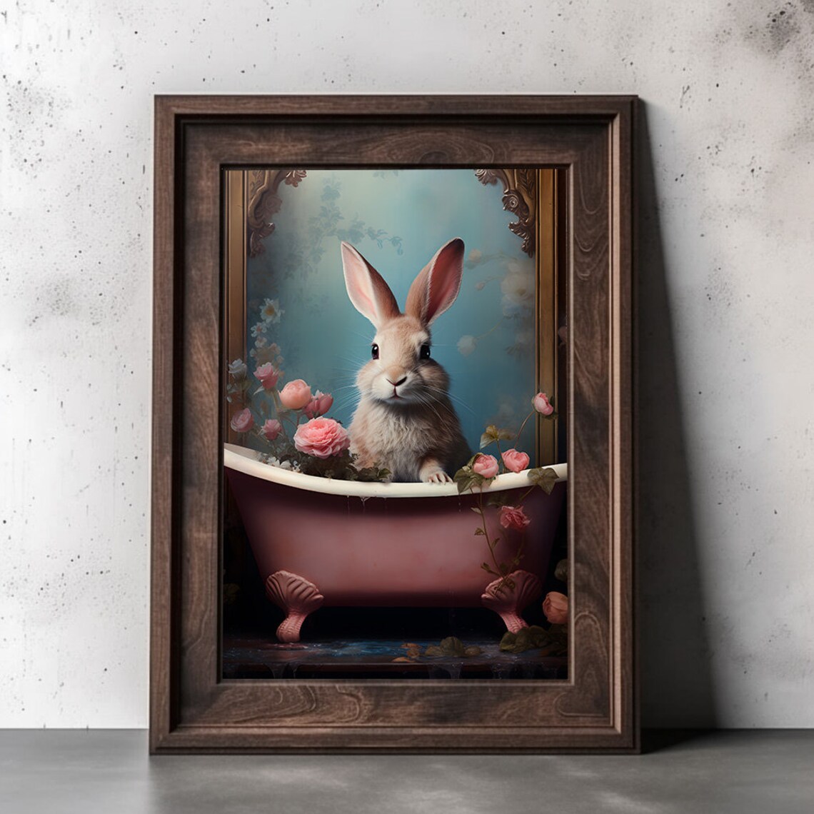 Bunny In Tub Bathroom Art Print With Flowers - Image 2