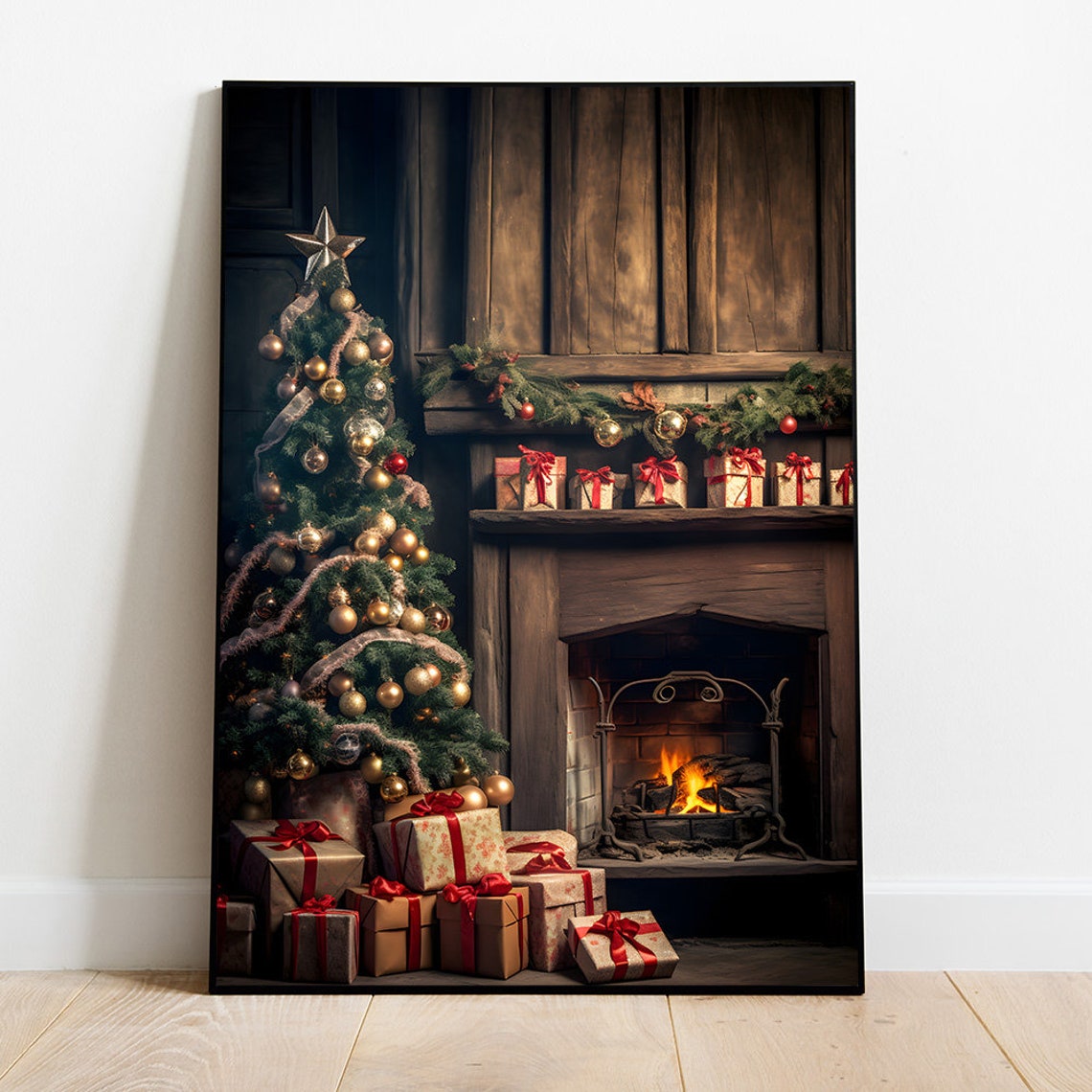 Rustic Gold Christmas Tree Beside A Warm Lit Fireplace Poster