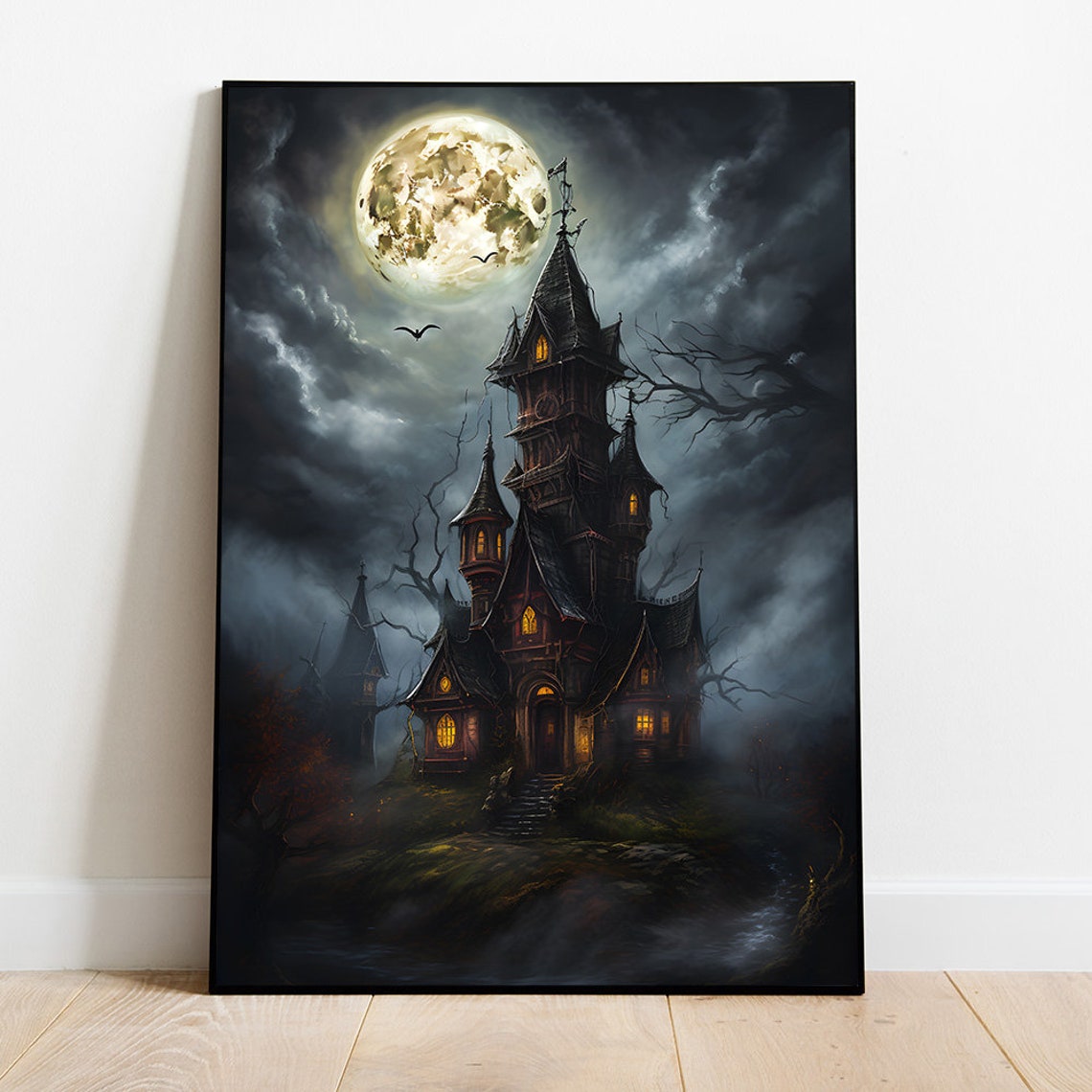 Haunted Castle Tower Full Moon Bats Spooky Gothic Night Poster