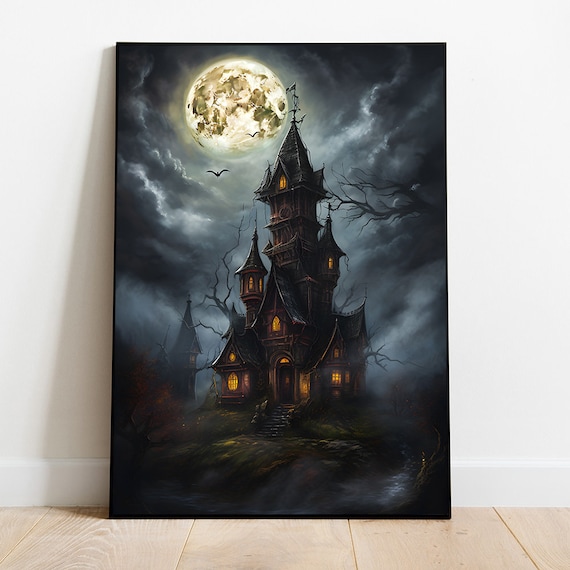Haunted Castle Tower Full Moon Bats Spooky Gothic Night Poster