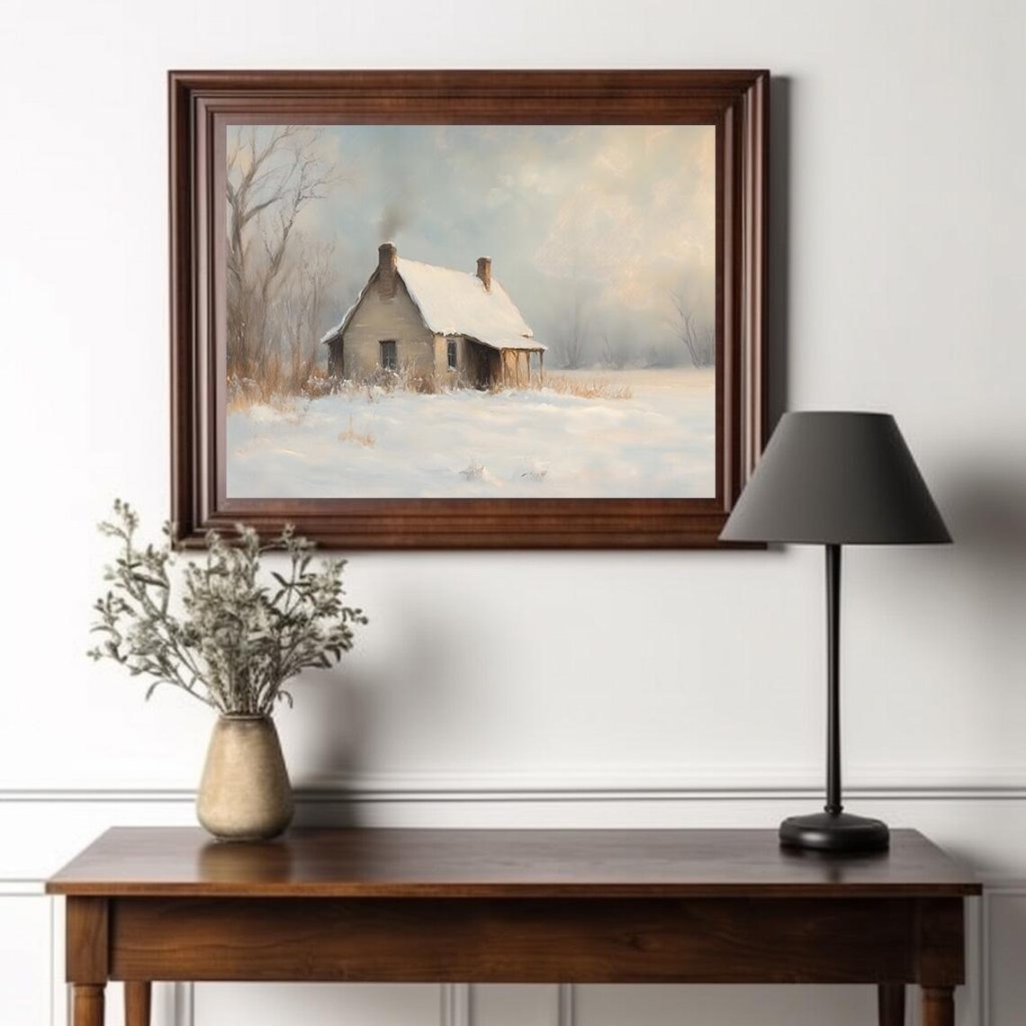 Snowy Country Cabin with Chimney Smoke Winter Pasture Painting Poster - Image 2