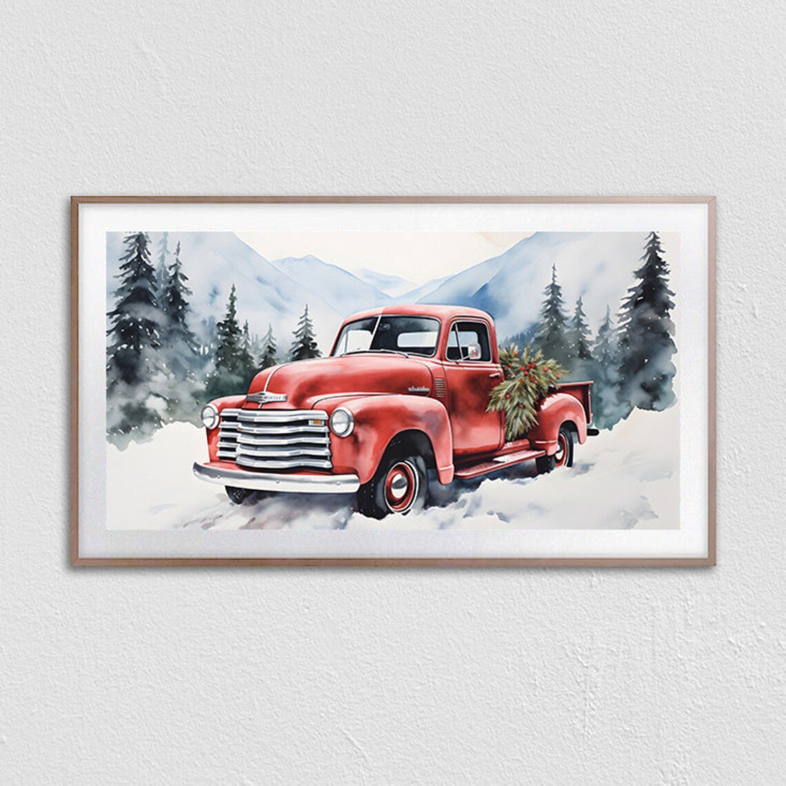 Red Vintage Chevrolet Truck With Christmas Greenery Snow Poster - Image 3