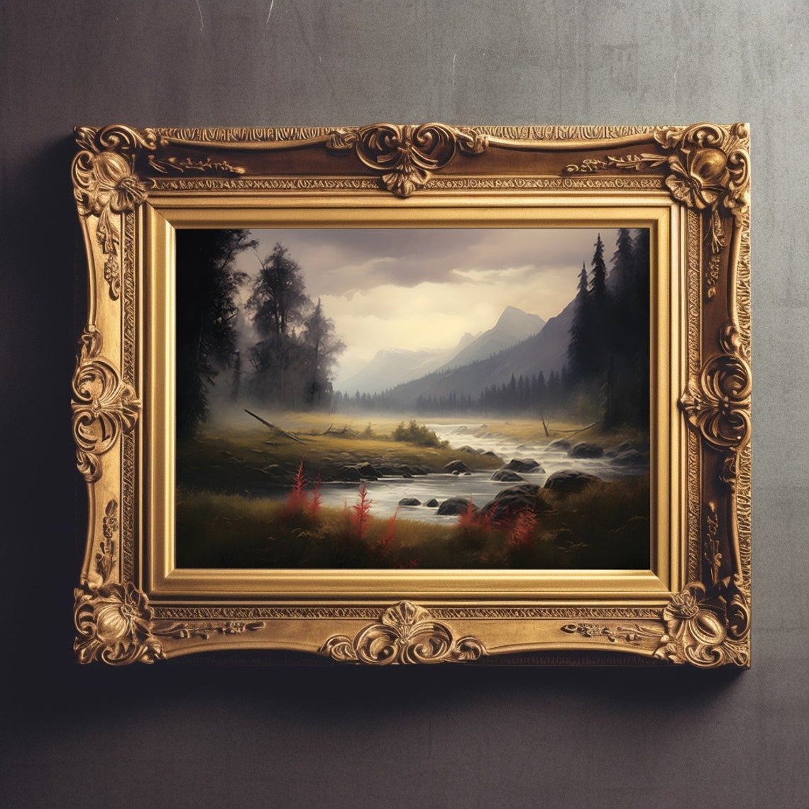 Misty River Valley Mountain Peaks Dark Pines Moody Landscape Poster - Image 2